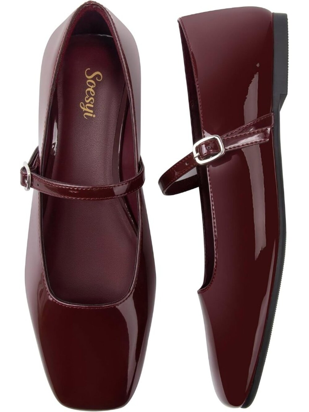 🆕Women's Burgundy Square Toe Mary Jane Flats Patent Leather Buckle Dress Shoes